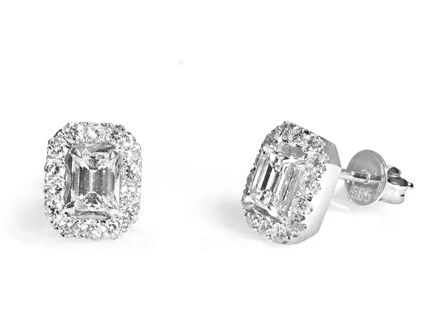 0.92CT T.W. Diamond Emerald Cut Halo Studs