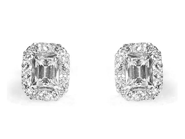 0.92CT T.W. Diamond Emerald Cut Halo Studs