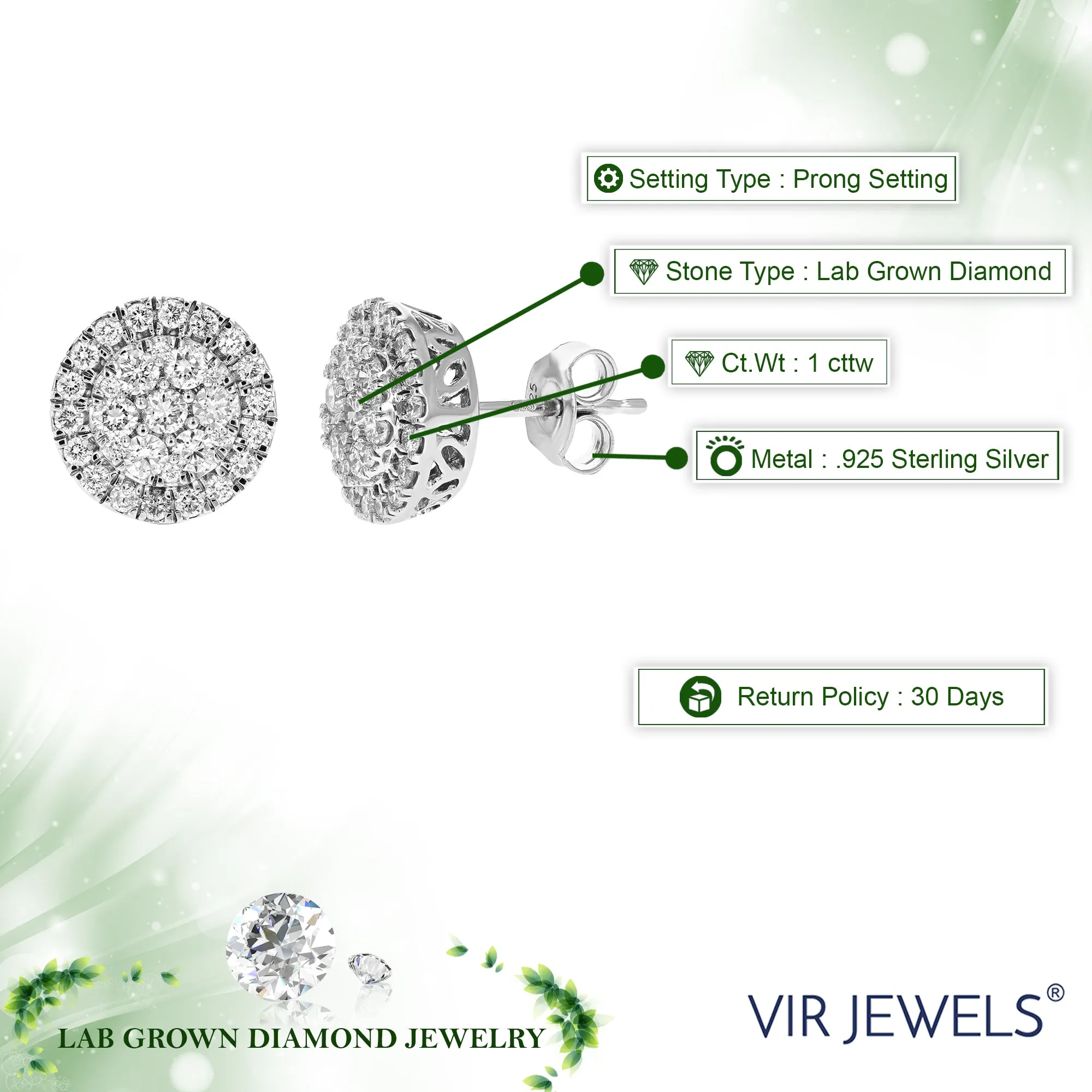 1 cttw Lab Grown Diamond Halo Stud Earrings in Sterling Silver