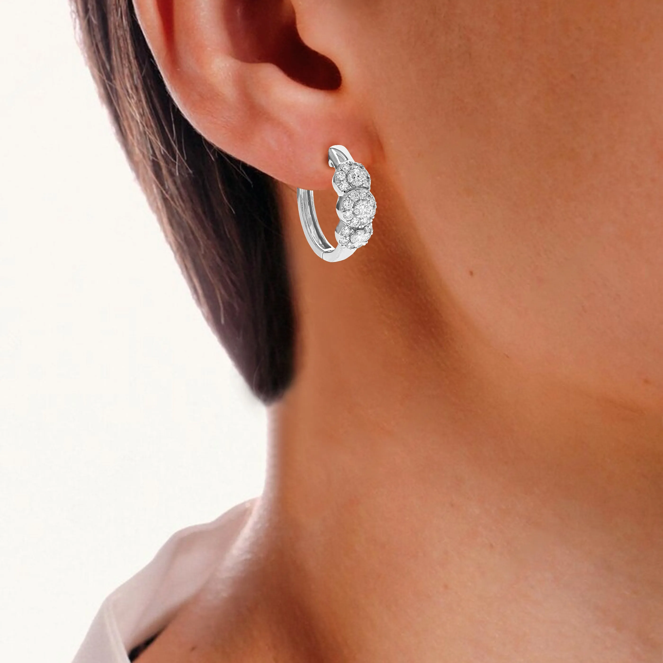1 cttw Lab Grown Diamond Three Stone Huggies Hoop Earrings Silver