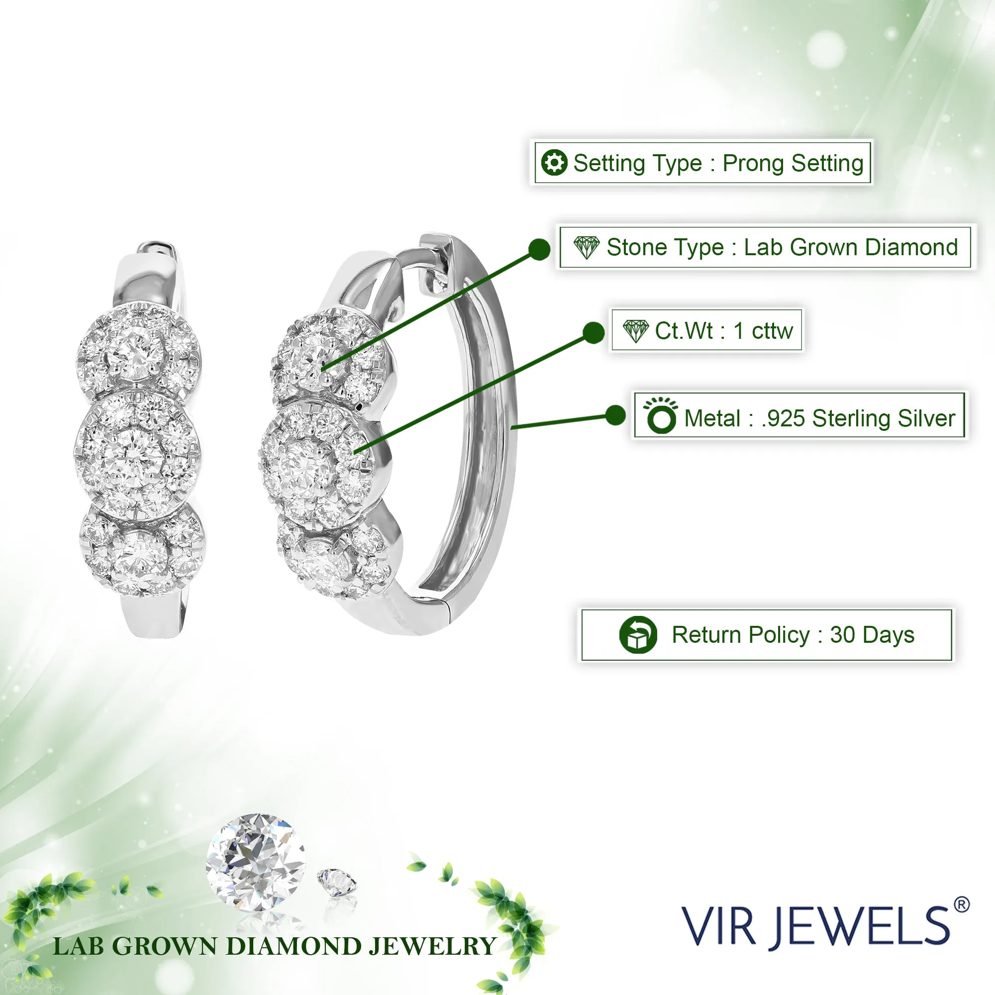 1 cttw Lab Grown Diamond Three Stone Huggies Hoop Earrings Silver