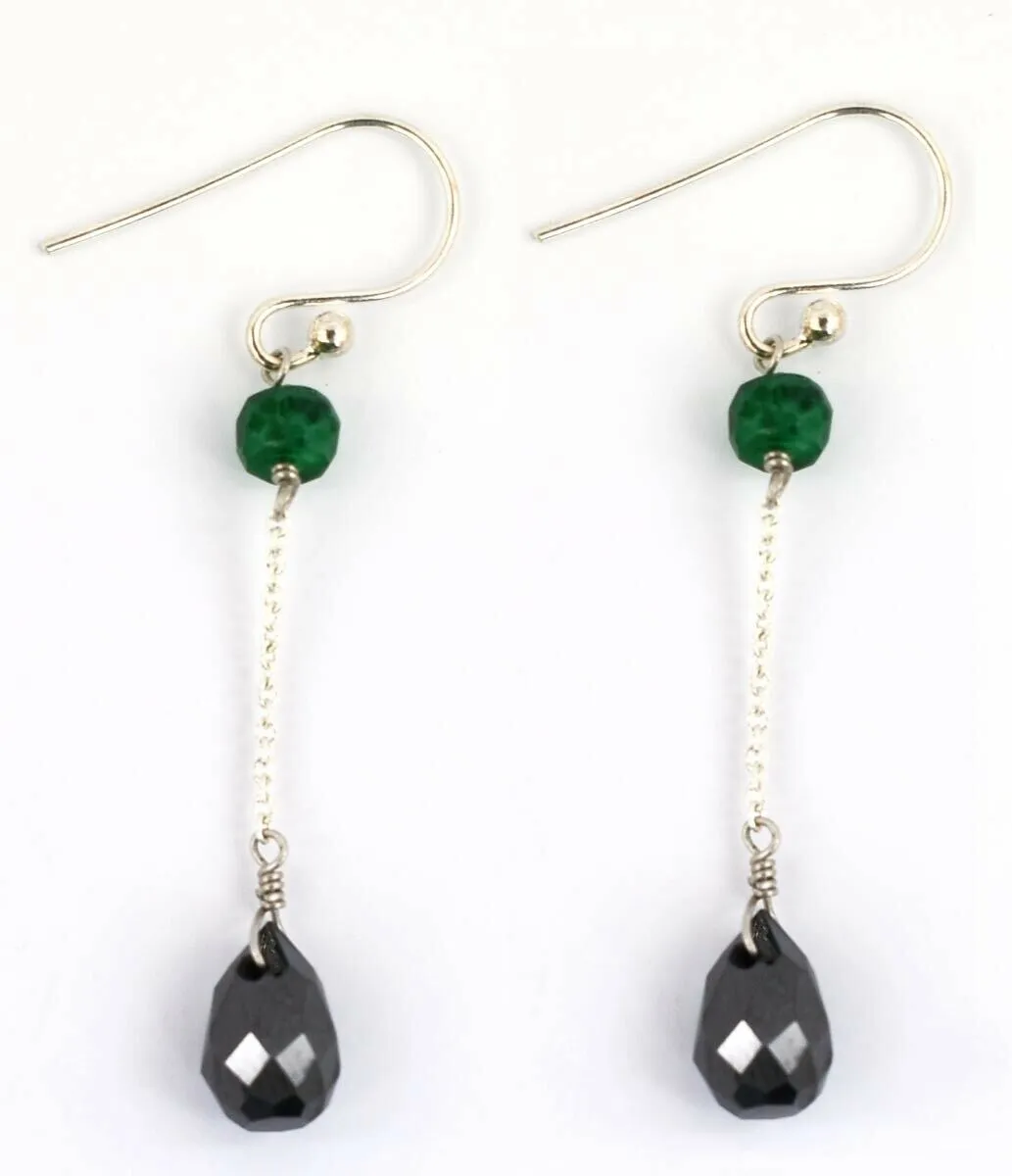 10 Ct 100% Certified Black Diamond Dangler Earrings with Emerald Beads, Amazing Collection with Great Luster