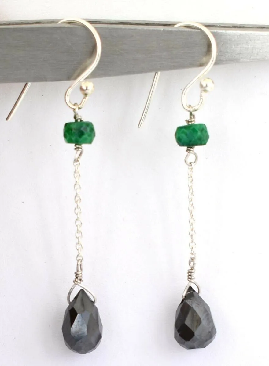 10 Ct 100% Certified Black Diamond Dangler Earrings with Emerald Beads, Amazing Collection with Great Luster