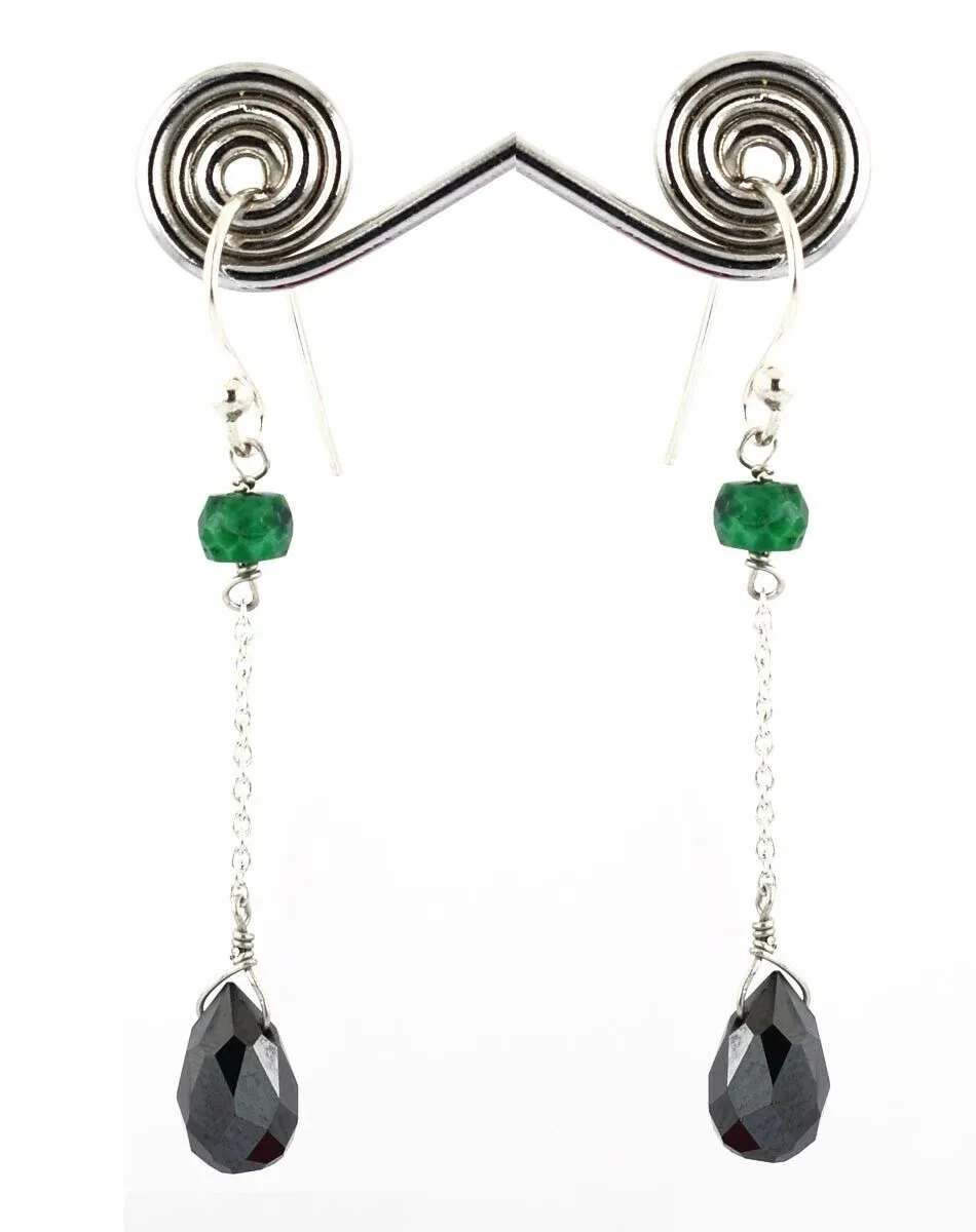 10 Ct 100% Certified Black Diamond Dangler Earrings with Emerald Beads, Amazing Collection with Great Luster