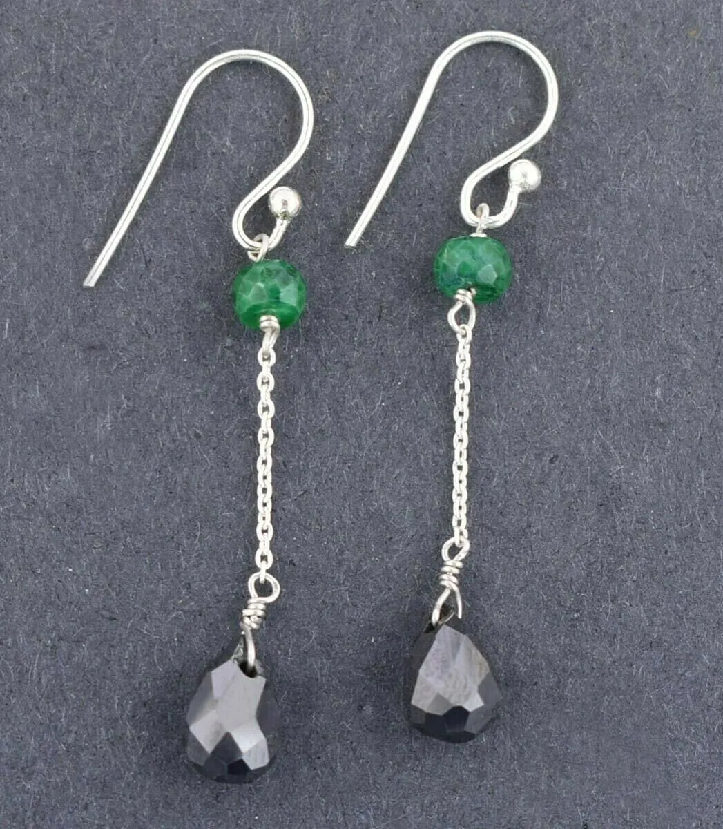 10 Ct 100% Certified Black Diamond Dangler Earrings with Emerald Beads, Amazing Collection with Great Luster