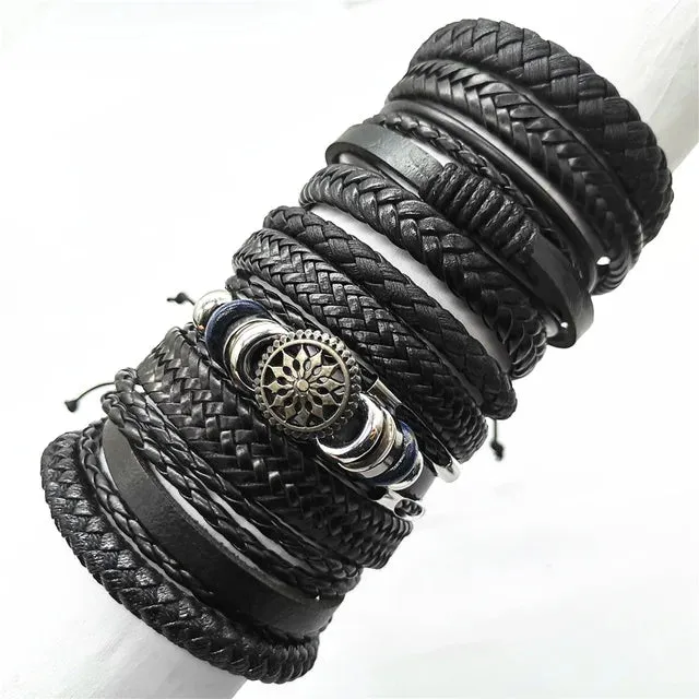 10 Pcs/set Black Wrap Woven New Fashion Handmade Men Bracelets Male Women Leather Bracelets Men Bangle