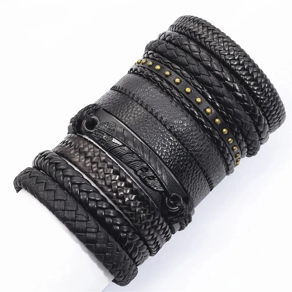 10 Pcs/set Black Wrap Woven New Fashion Handmade Men Bracelets Male Women Leather Bracelets Men Bangle