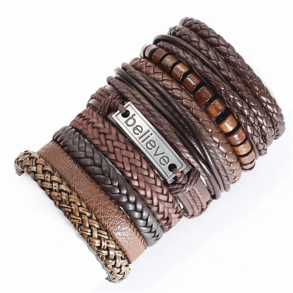 10 Pcs/set Black Wrap Woven New Fashion Handmade Men Bracelets Male Women Leather Bracelets Men Bangle