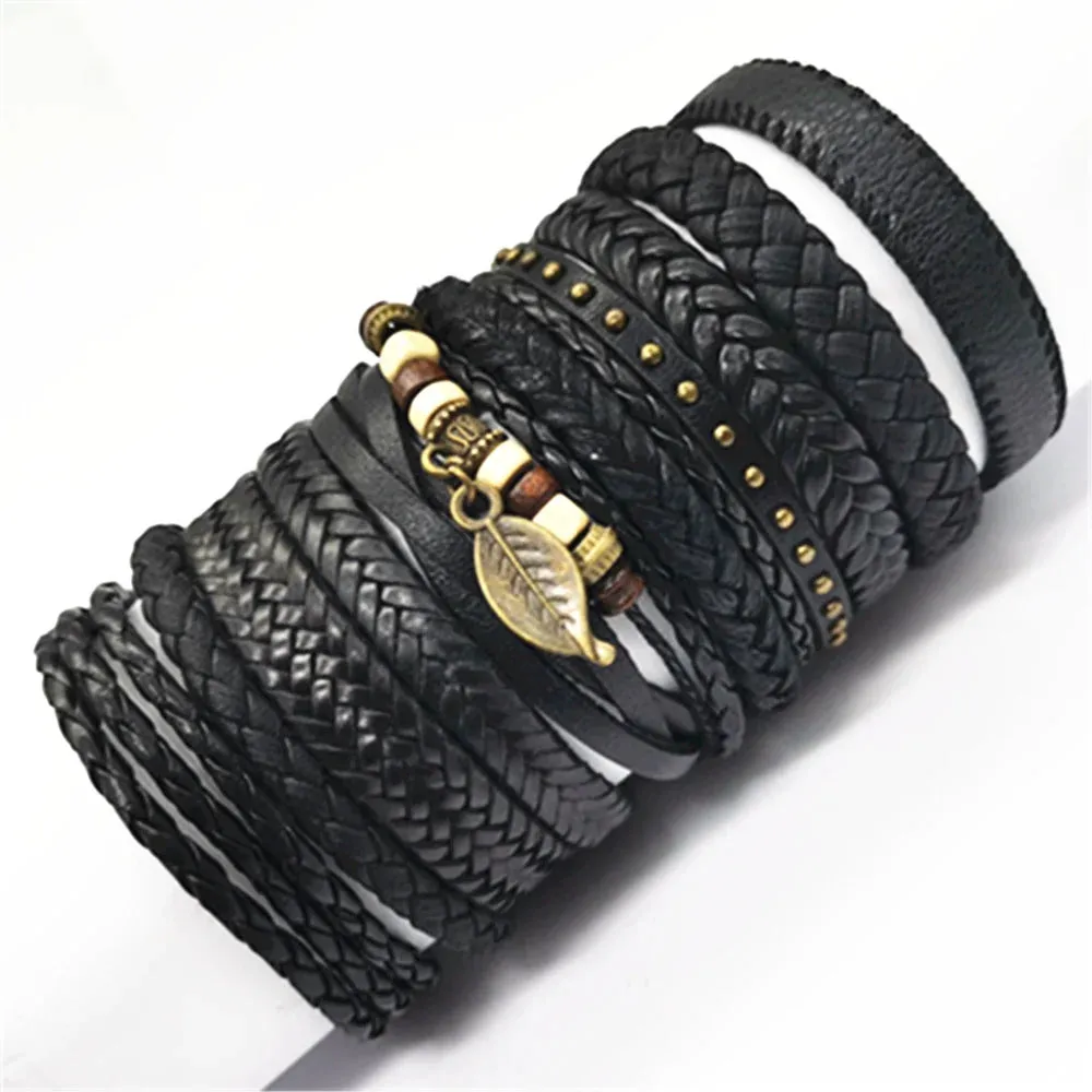 10 Pcs/set Black Wrap Woven New Fashion Handmade Men Bracelets Male Women Leather Bracelets Men Bangle