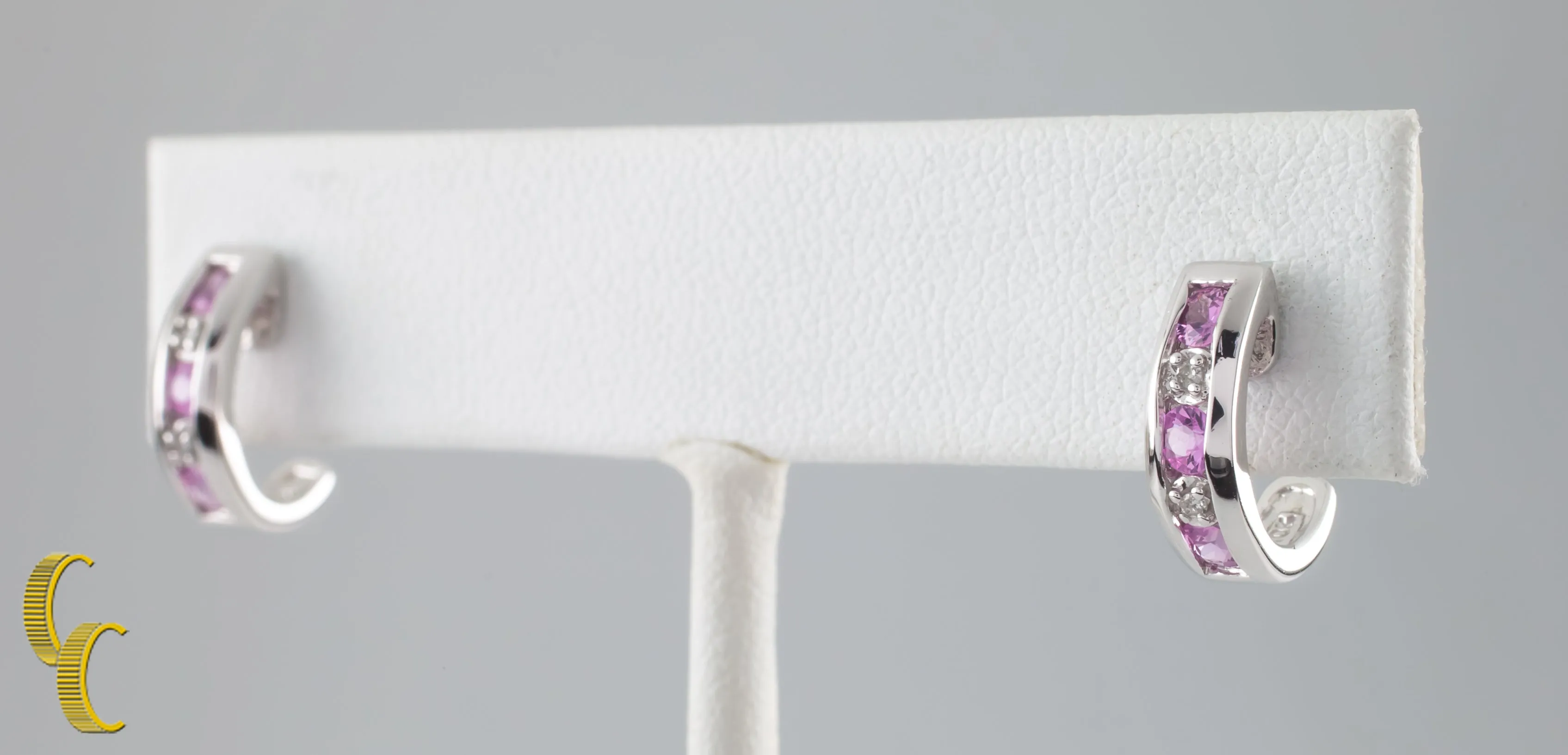 10k White Gold Diamond and Pink Sapphire Mini Hoop Stud Earrings