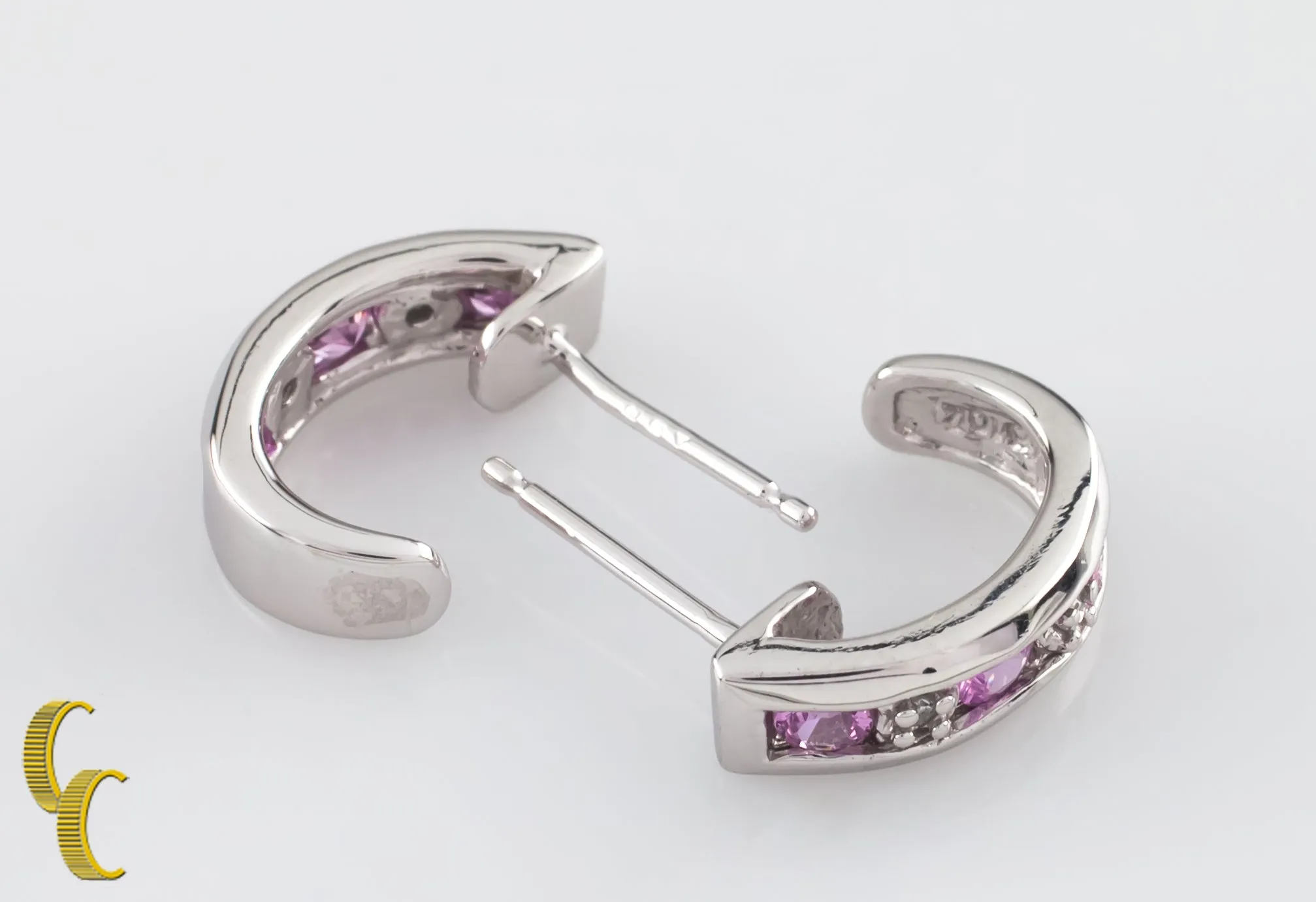 10k White Gold Diamond and Pink Sapphire Mini Hoop Stud Earrings