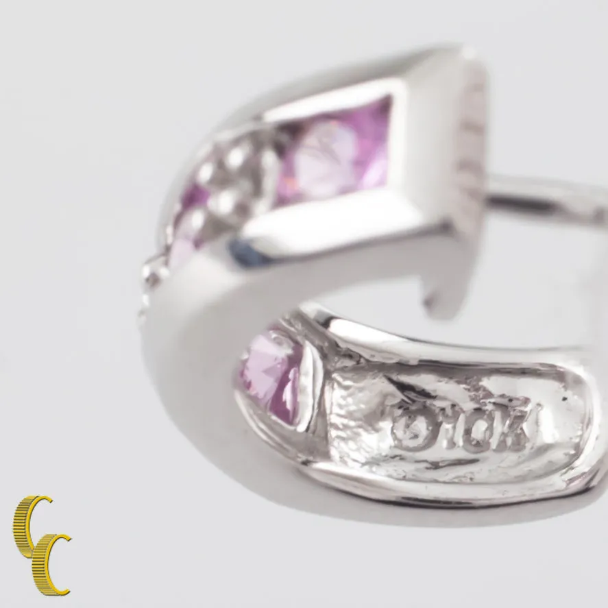 10k White Gold Diamond and Pink Sapphire Mini Hoop Stud Earrings