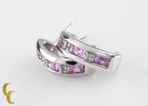 10k White Gold Diamond and Pink Sapphire Mini Hoop Stud Earrings