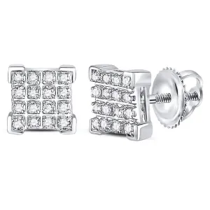 10K White Gold Mens Round Diamond Square Cluster Earrings 1/10 Cttw