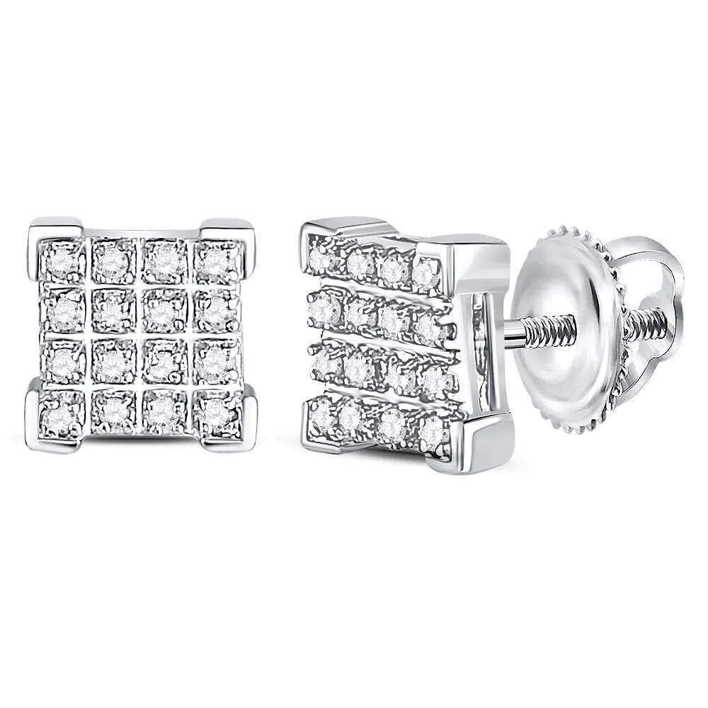 10K White Gold Mens Round Diamond Square Cluster Earrings 1/10 Cttw