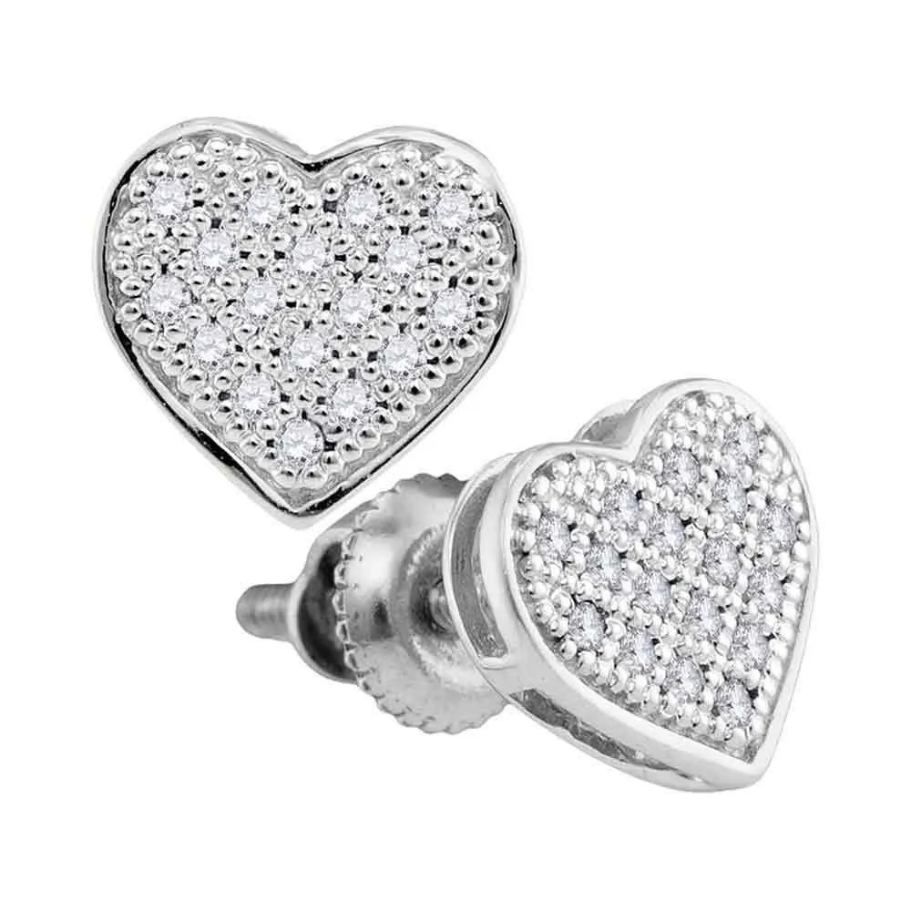 10K White Gold Round Diamond Heart Cluster Stud Earrings 1/10 Cttw
