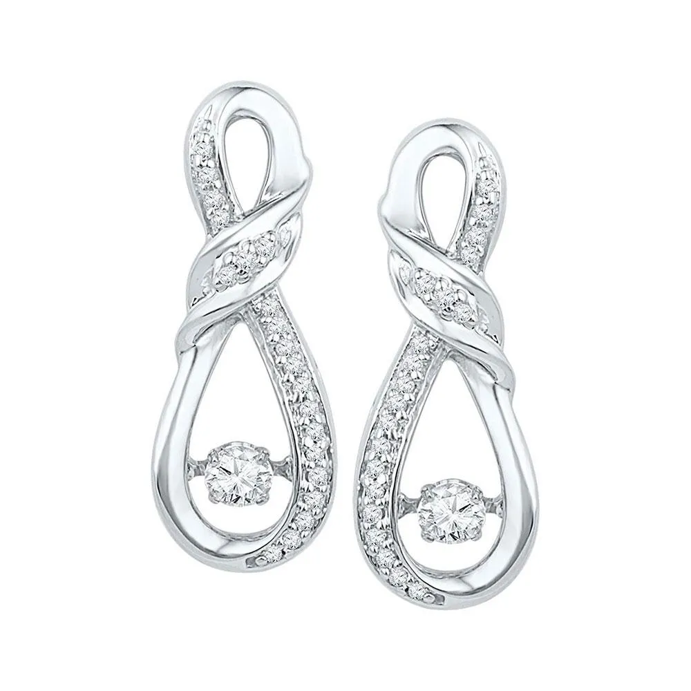 10K White Gold Round Diamond Moving Twinkle Solitaire Twist Ribbon Earrings