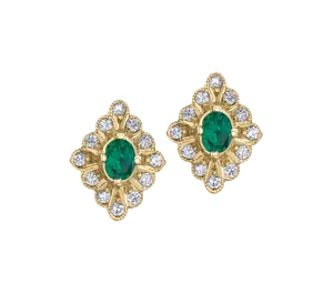 10K Yellow Gold Emerald and Diamond Fancy Stud Earring