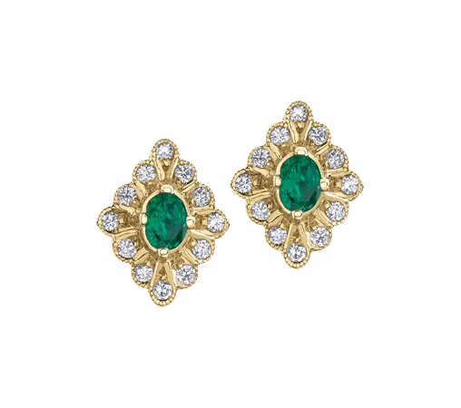 10K Yellow Gold Emerald and Diamond Fancy Stud Earring