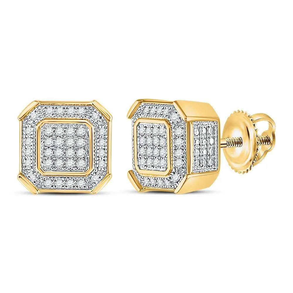10K Yellow Gold Mens Round Diamond Square Cluster Stud Earrings 1/5 Cttw