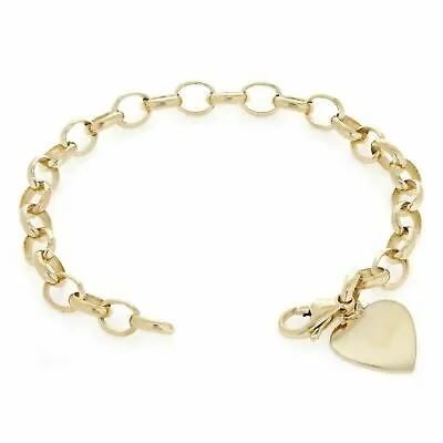 10k Yellow Gold Rolo Chain Link Heart Tag Charm Bracelet 7.5" 15 grams