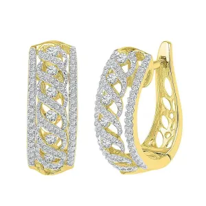 10K Yellow Gold Round Diamond Crisscrossed Openwork Hoop Earrings 3/4 Cttw