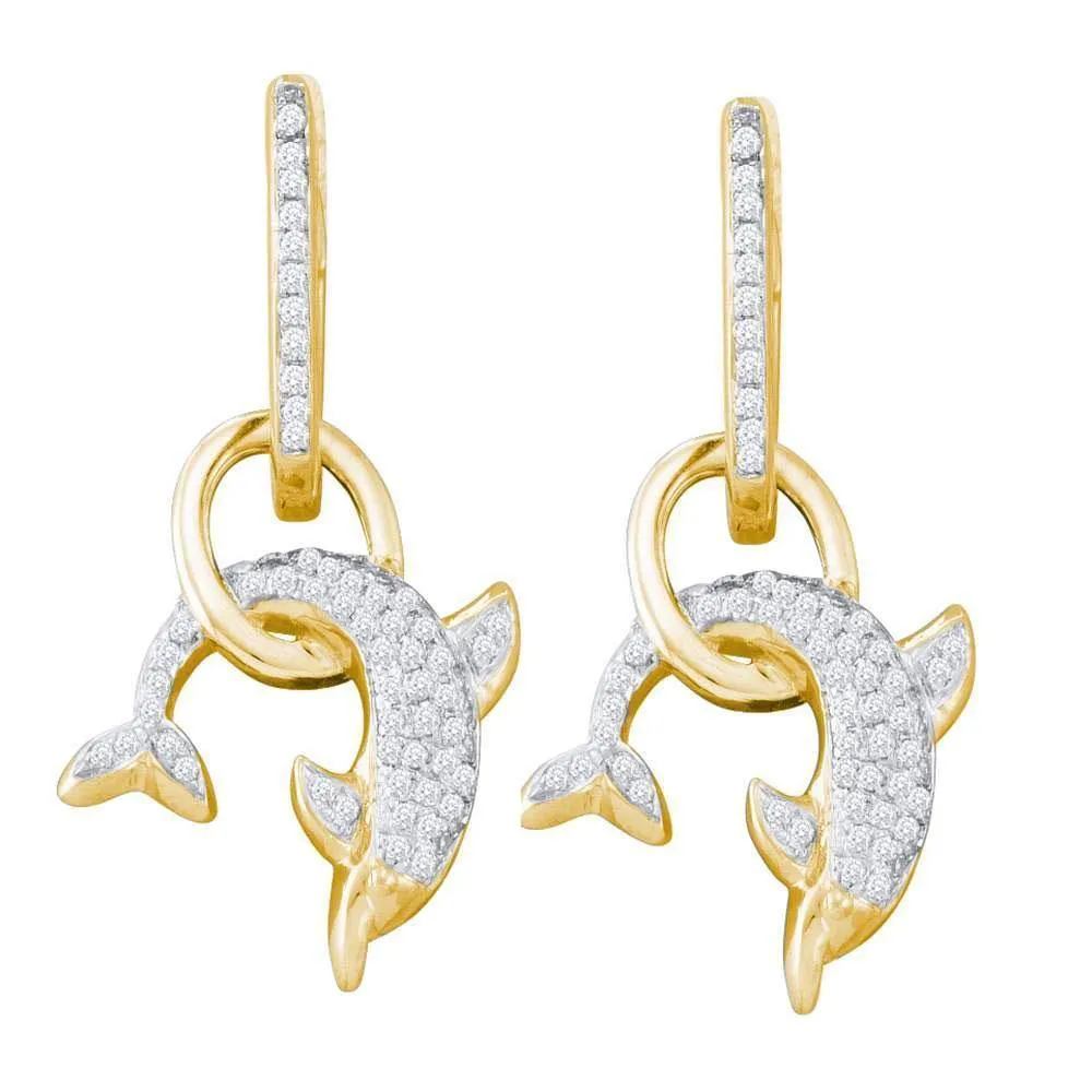 10K Yellow Gold Round Diamond Dolphin Dangle Earrings 1/3 Cttw