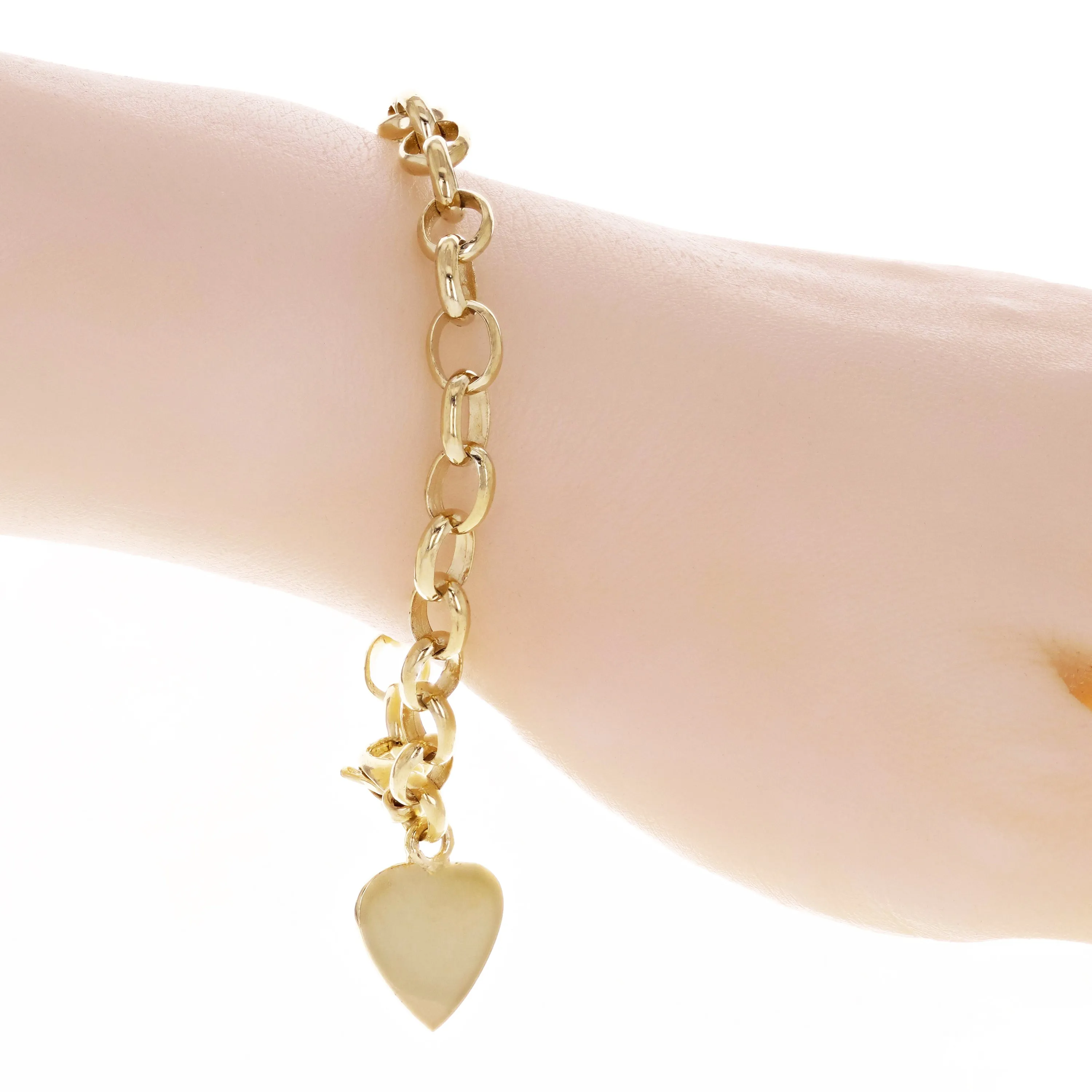 10k Yellow White or Rose Gold Heart Charm Rolo Link Chain Bracelet