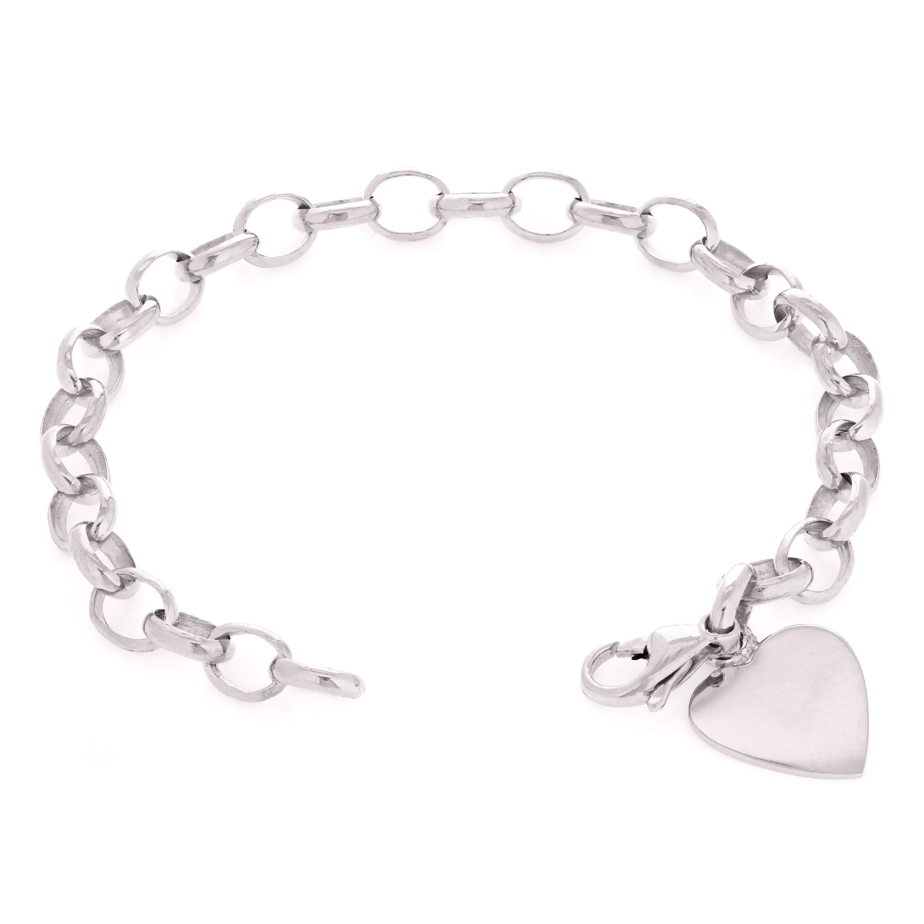 10k Yellow White or Rose Gold Heart Charm Rolo Link Chain Bracelet