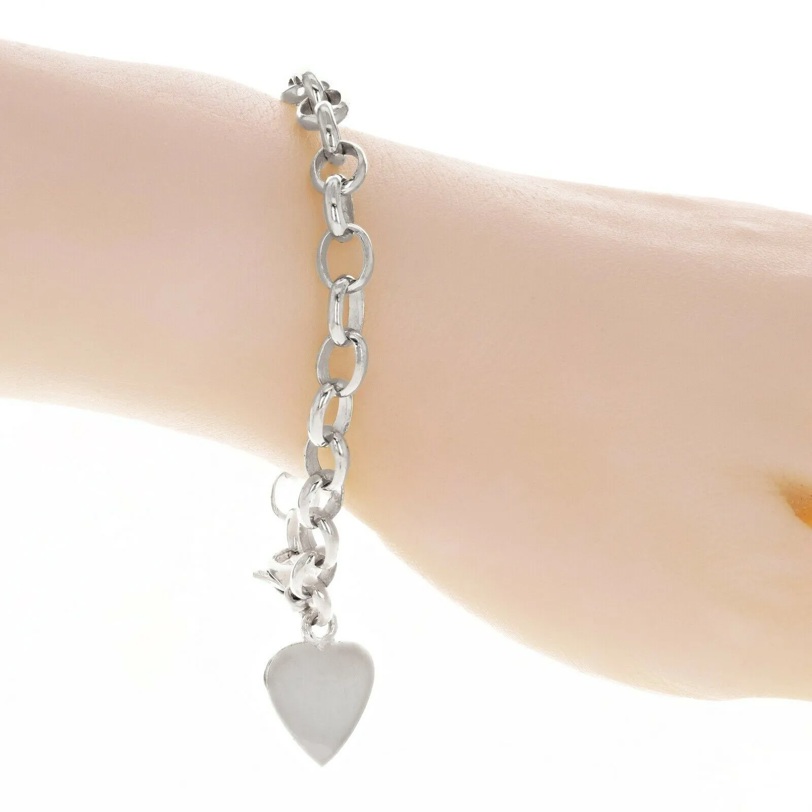 10k Yellow White or Rose Gold Heart Charm Rolo Link Chain Bracelet