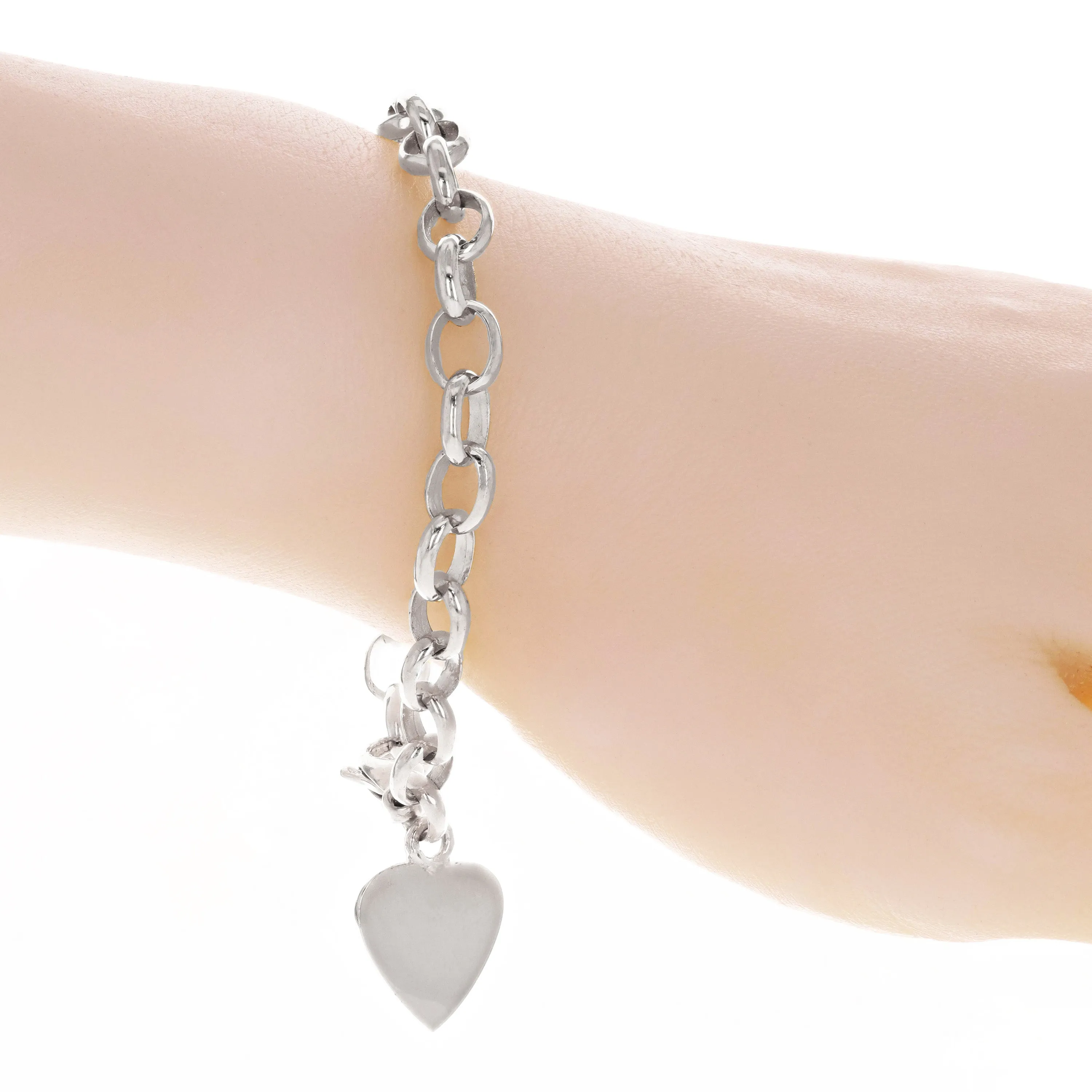 10k Yellow White or Rose Gold Heart Charm Rolo Link Chain Bracelet