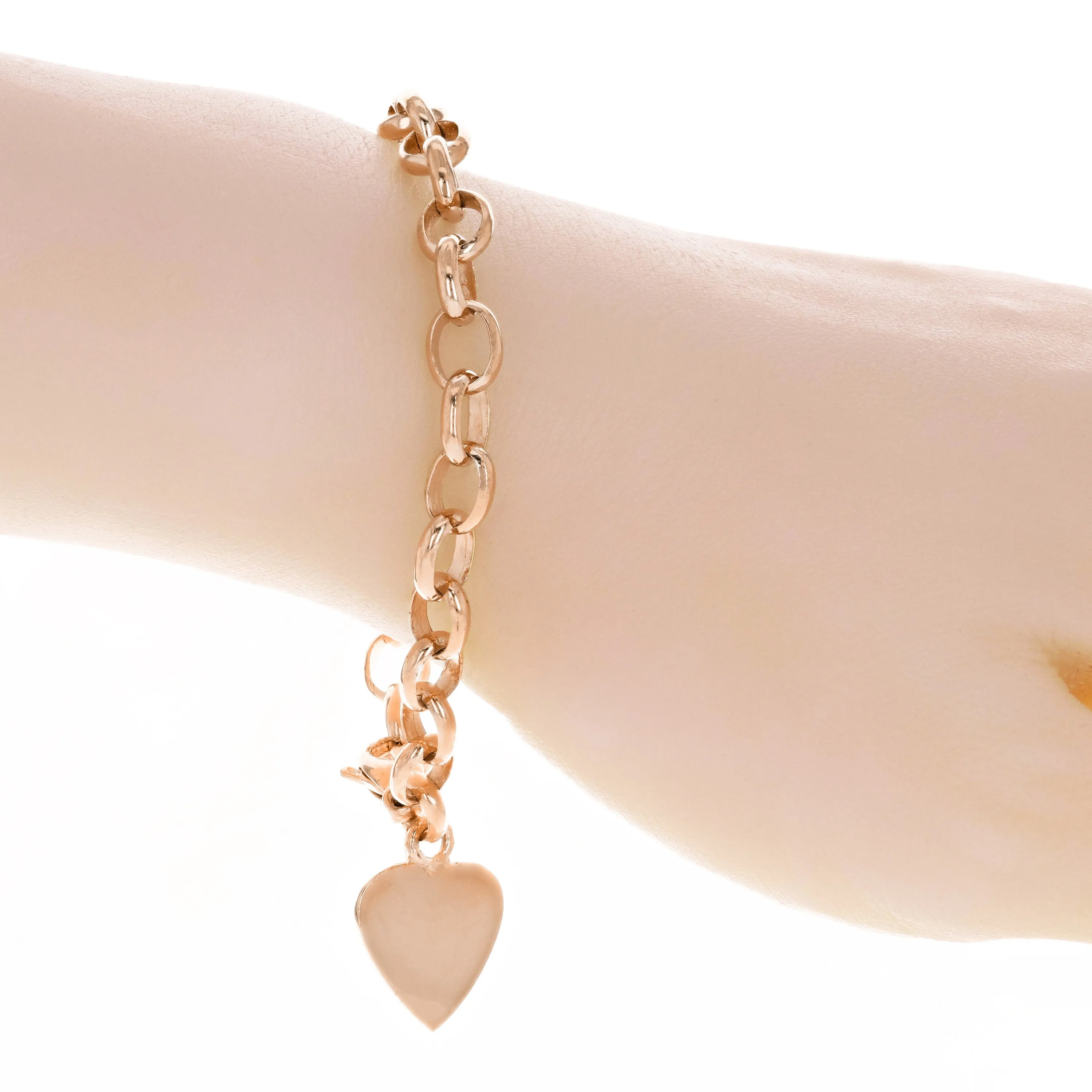 10k Yellow White or Rose Gold Heart Charm Rolo Link Chain Bracelet