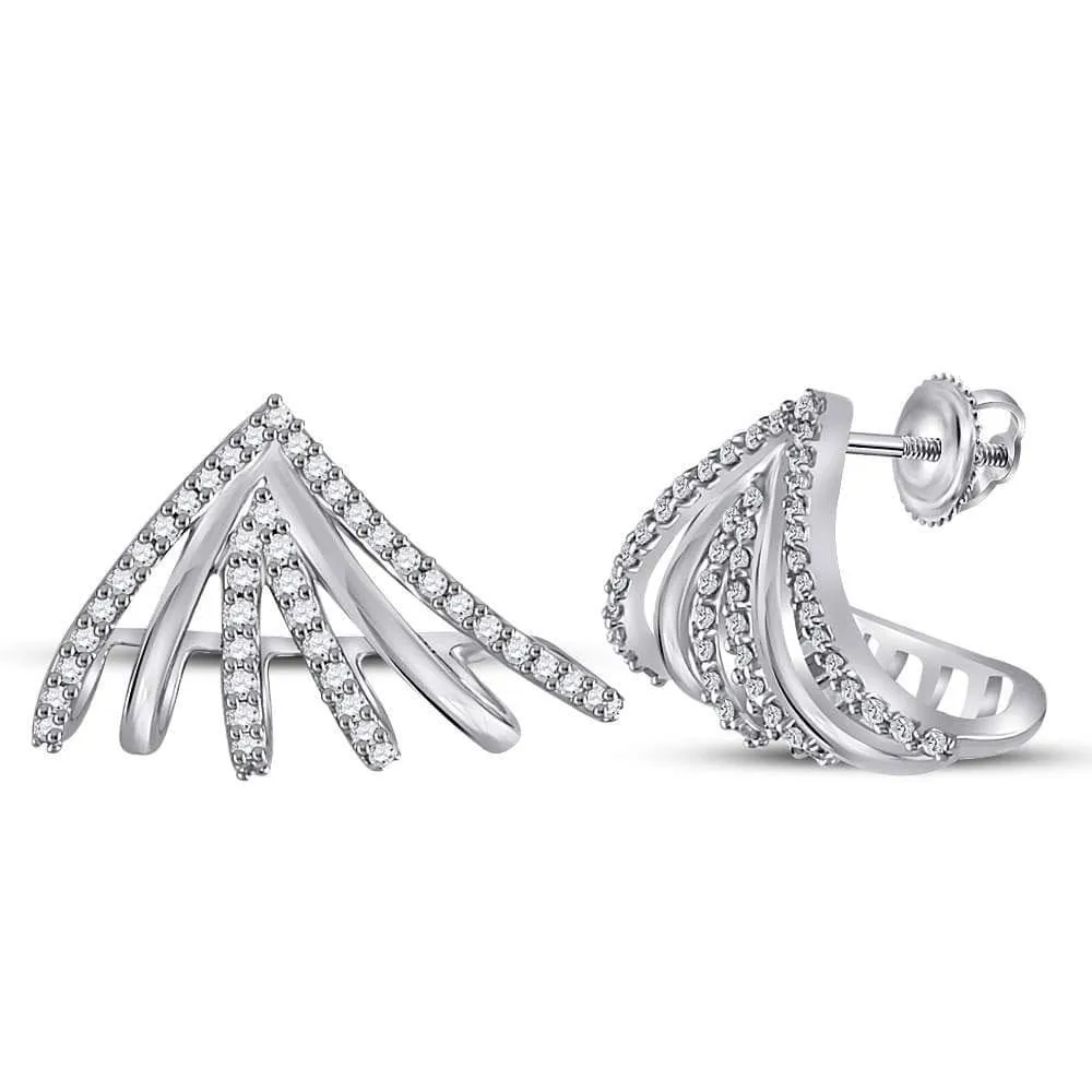 10kt White Gold Womens Round Diamond Lobe Half Hoop Earrings 3/8 Cttw