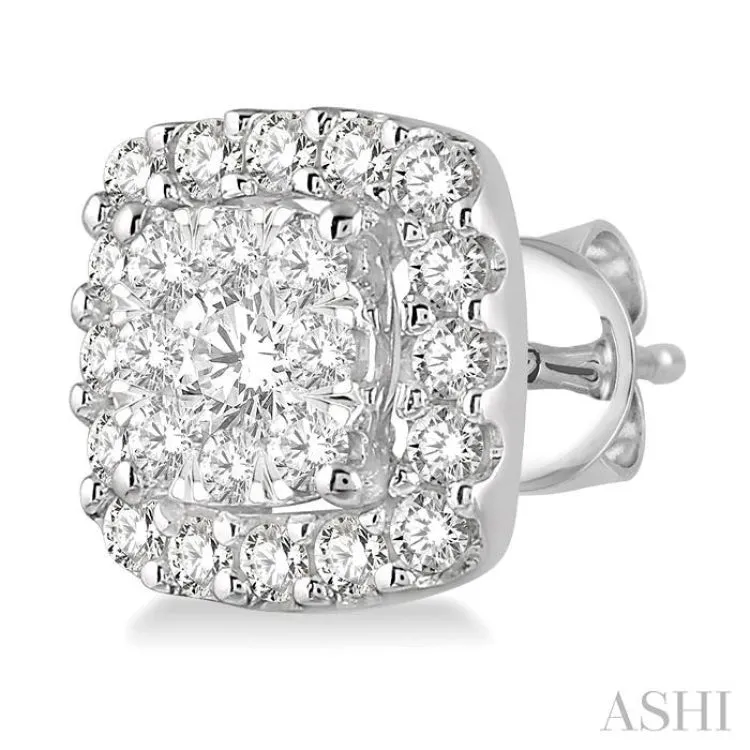 1/2 ctw Cushion Shape Lovebright Round Cut Diamond Stud Earrings in 14K White Gold