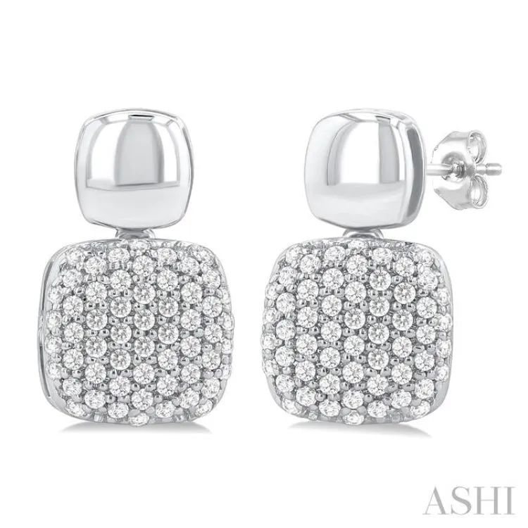 1/3 ctw Cushion Shape Mount Pave Set Round Cut Diamond Fashion Earring in 10K White Gold