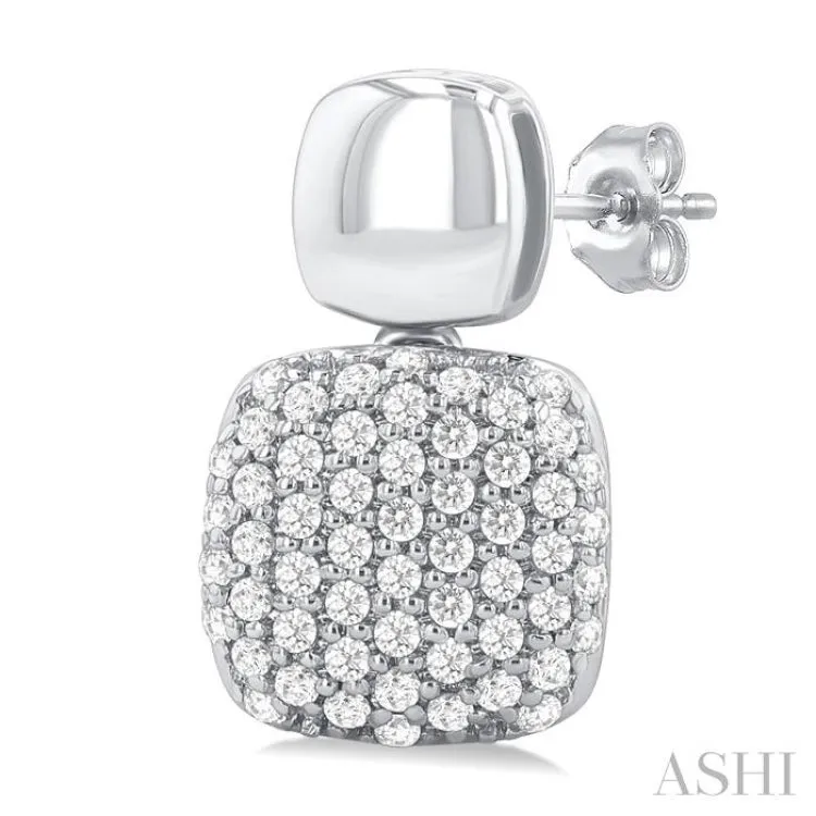 1/3 ctw Cushion Shape Mount Pave Set Round Cut Diamond Fashion Earring in 10K White Gold