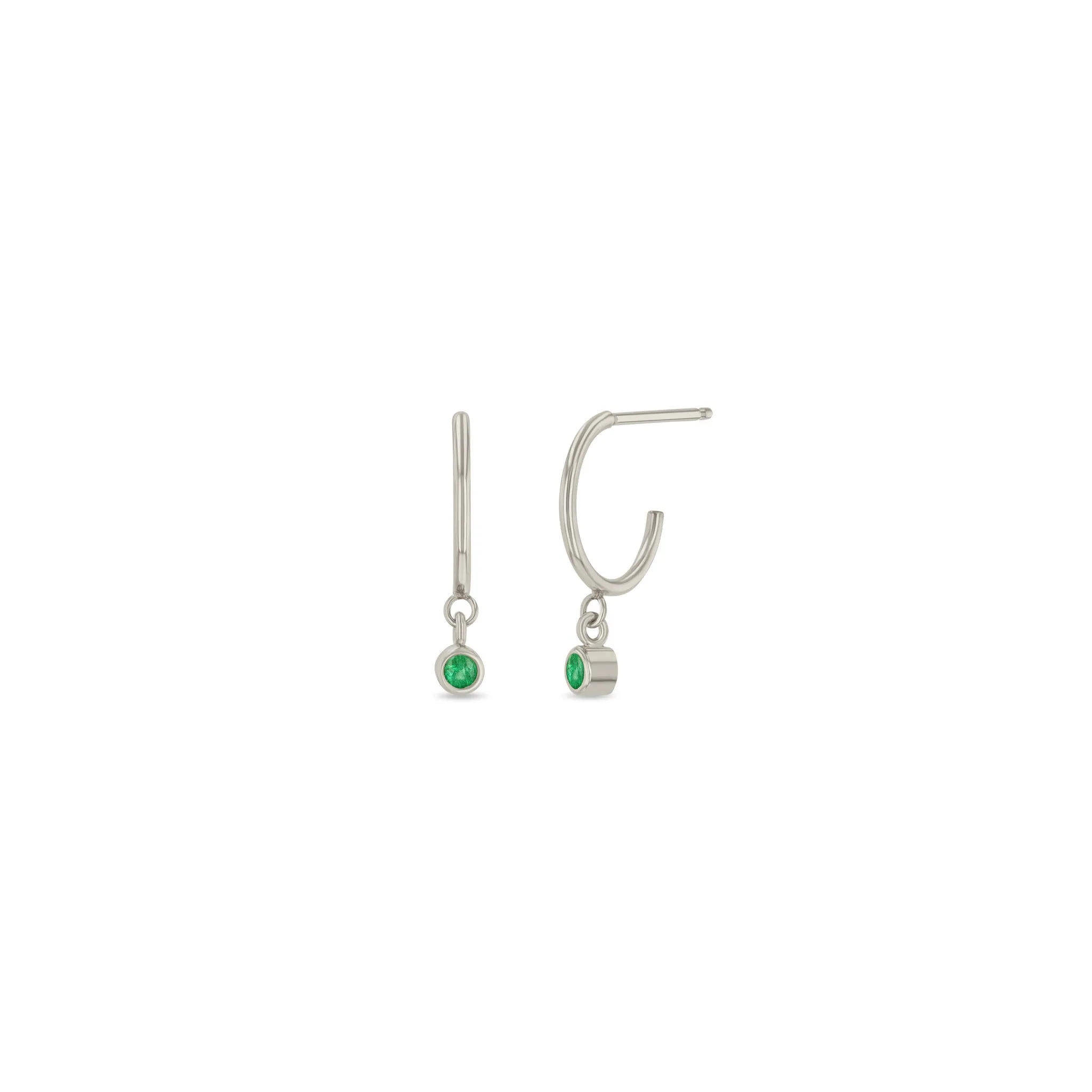 14k Dangling Emerald Huggie Hoops | May Birthstone