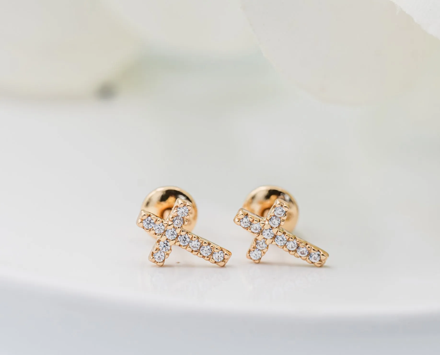 14K Gold Cross CZ Earrings