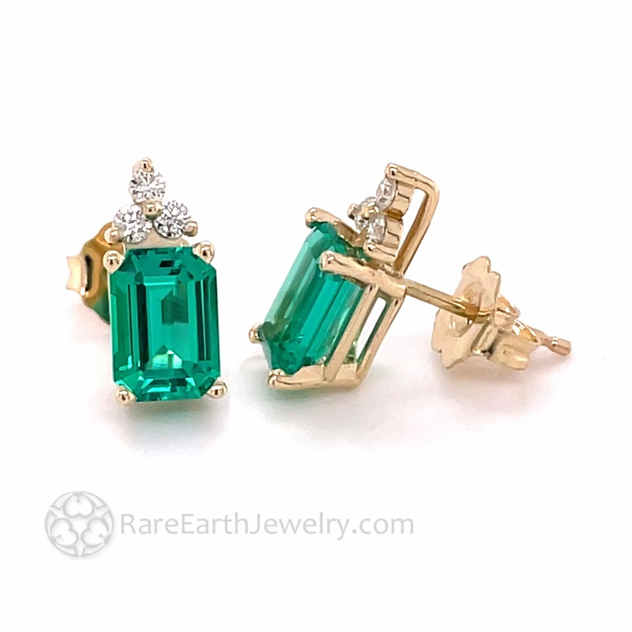 14K Gold Emerald Earrings with Diamonds | Emerald Cut Studs May Birthstone