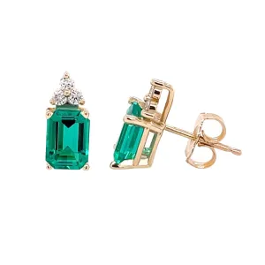 14K Gold Emerald Earrings with Diamonds | Emerald Cut Studs May Birthstone