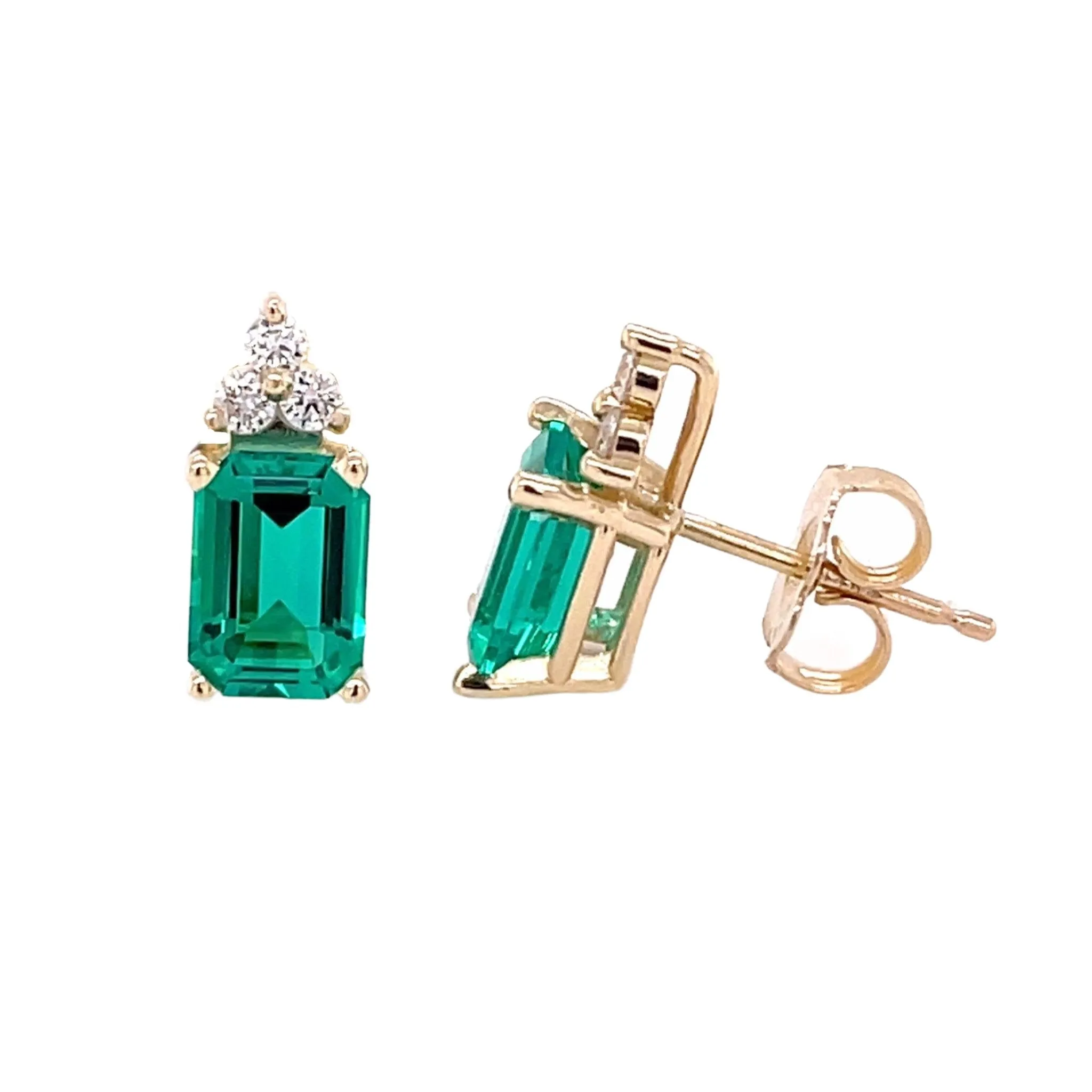 14K Gold Emerald Earrings with Diamonds | Emerald Cut Studs May Birthstone