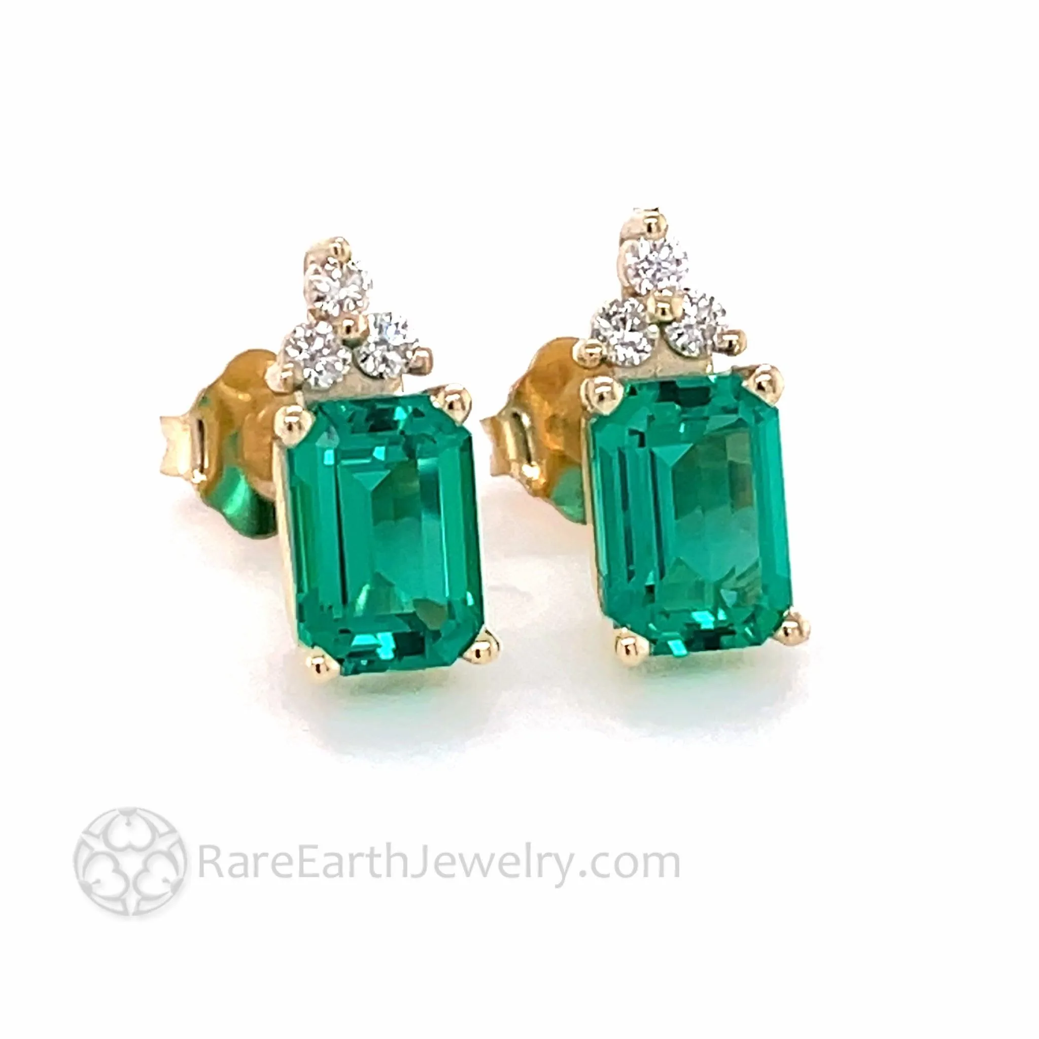 14K Gold Emerald Earrings with Diamonds | Emerald Cut Studs May Birthstone