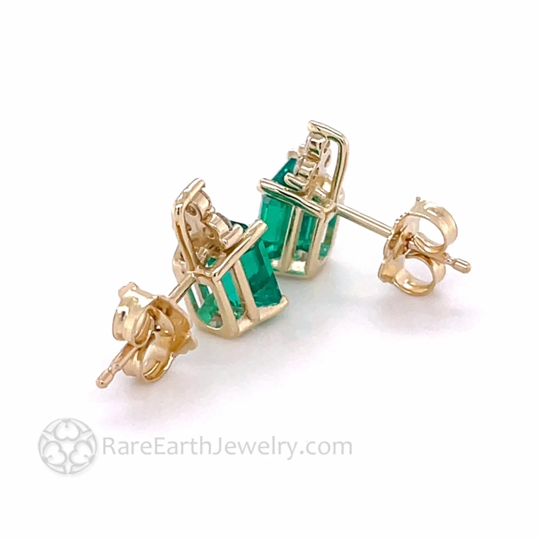 14K Gold Emerald Earrings with Diamonds | Emerald Cut Studs May Birthstone