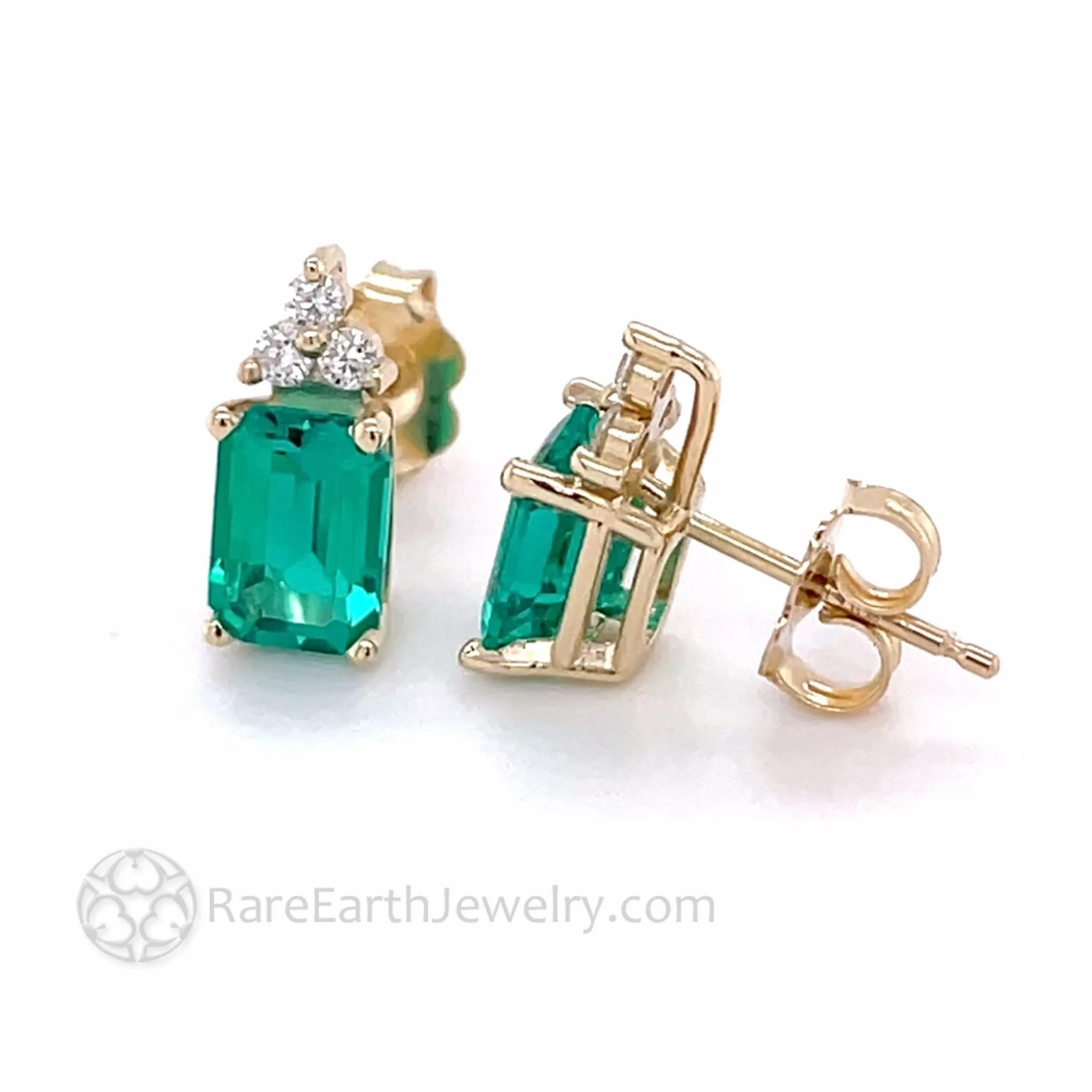 14K Gold Emerald Earrings with Diamonds | Emerald Cut Studs May Birthstone
