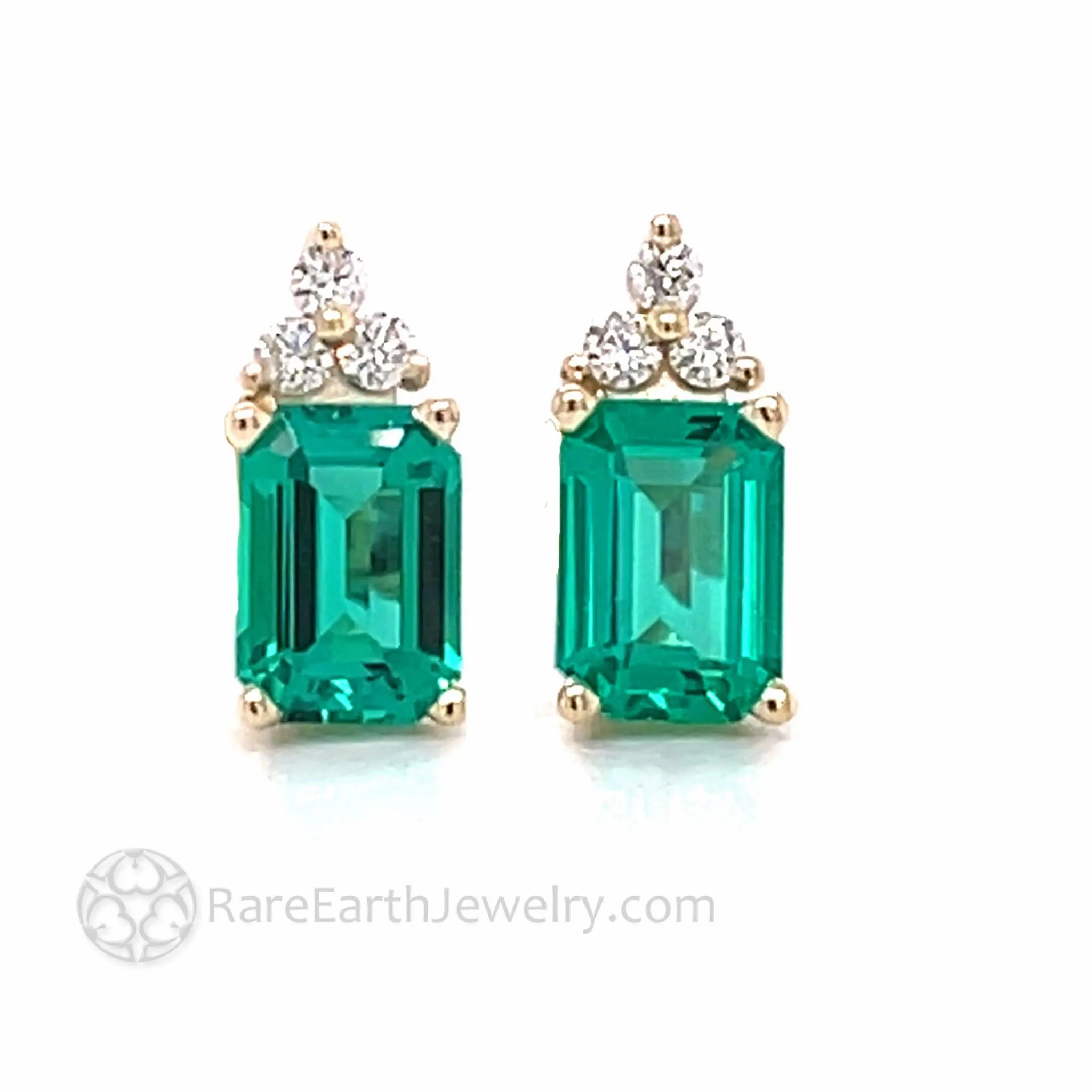 14K Gold Emerald Earrings with Diamonds | Emerald Cut Studs May Birthstone