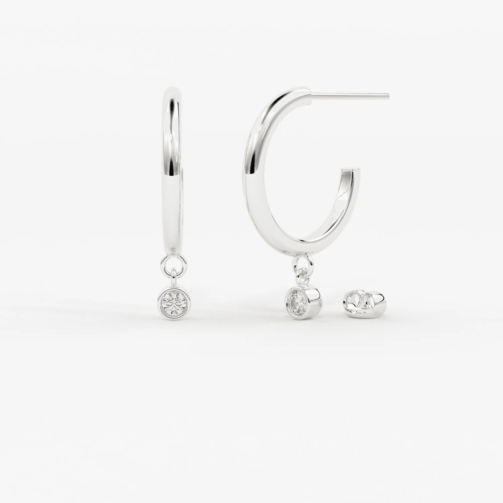 14k Gold Hoop with Dangling Diamond / Bezel Setting Dangling Diamond Earrings / Floating Charm Hoops / Dangle Charm Dancing Earrings