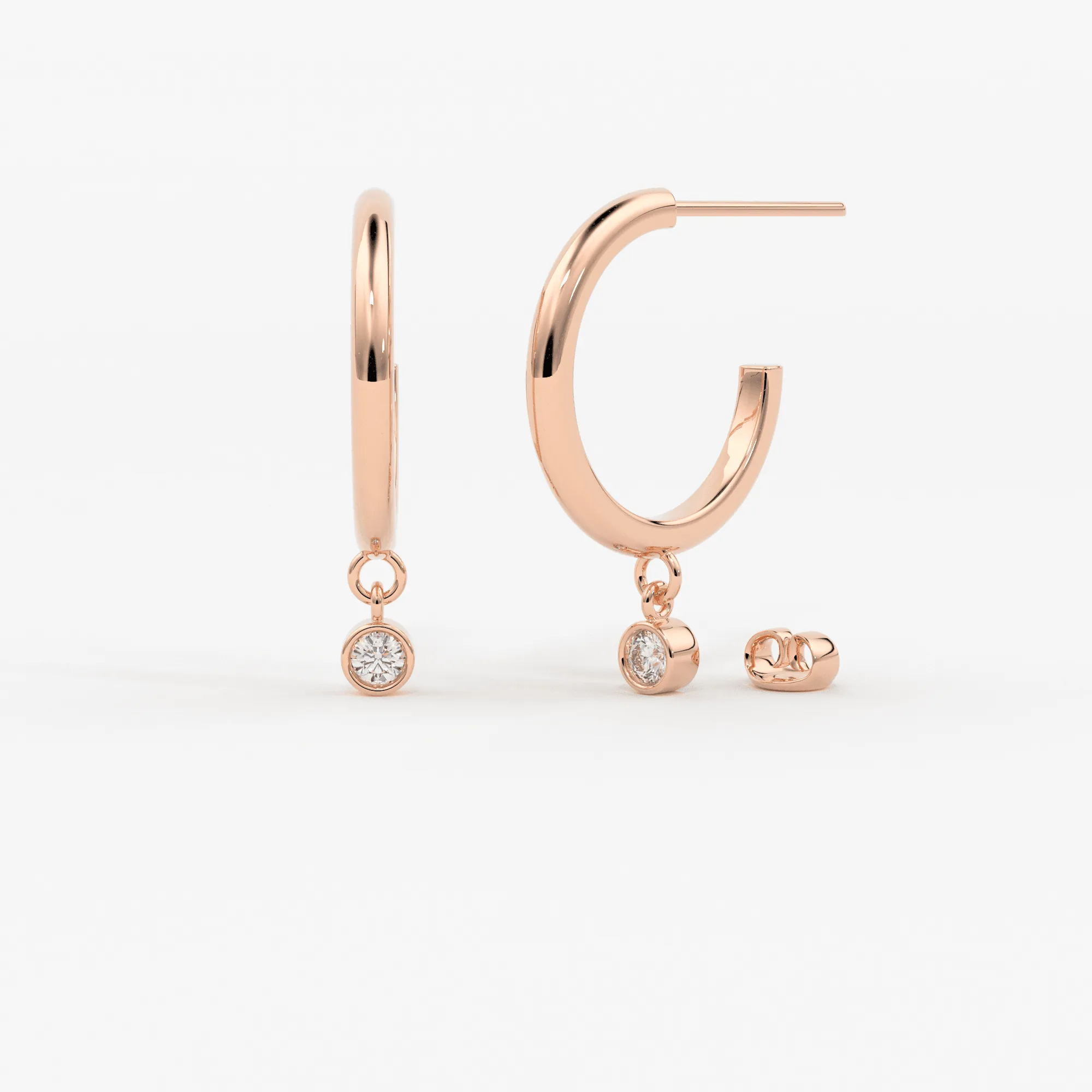 14k Gold Hoop with Dangling Diamond / Bezel Setting Dangling Diamond Earrings / Floating Charm Hoops / Dangle Charm Dancing Earrings