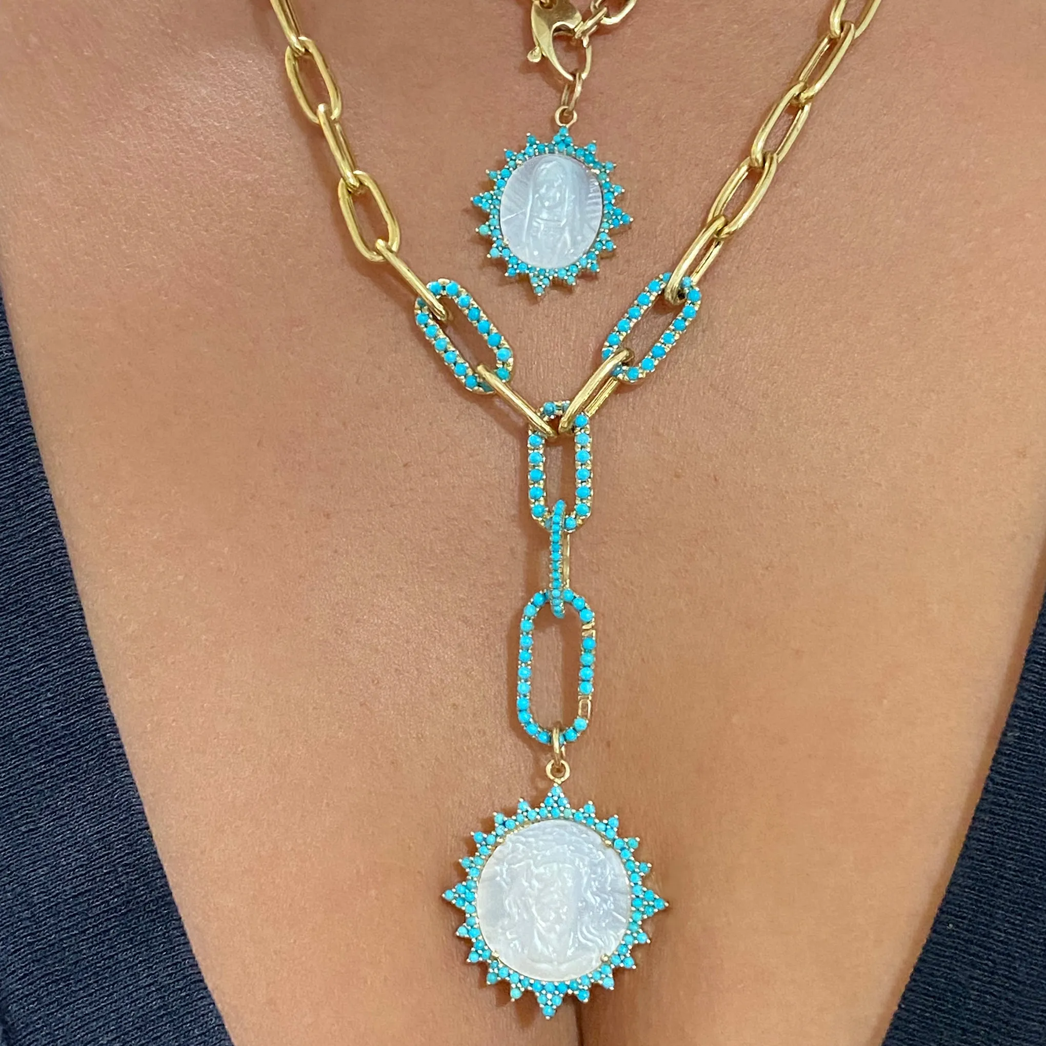 14K Gold Jesus Christ Miraculous Medal Mother of Pearl & Starburst Pavé Turquoise Charm Pendant, LIMITED EDITION