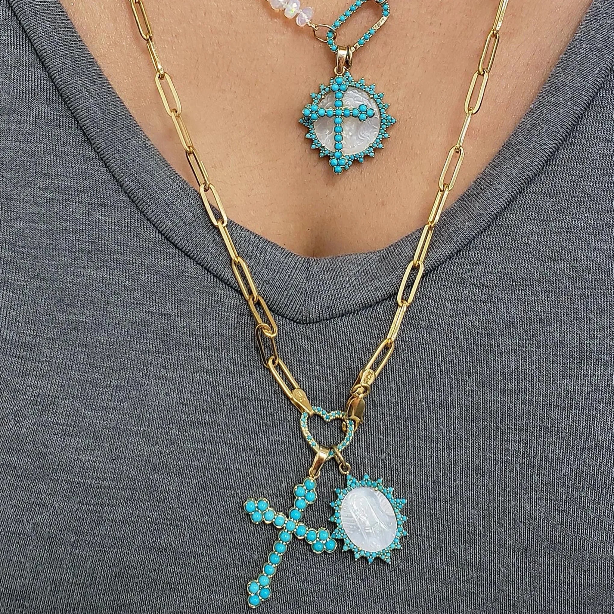14K Gold Jesus Christ Miraculous Medal Mother of Pearl & Starburst Pavé Turquoise Charm Pendant, LIMITED EDITION
