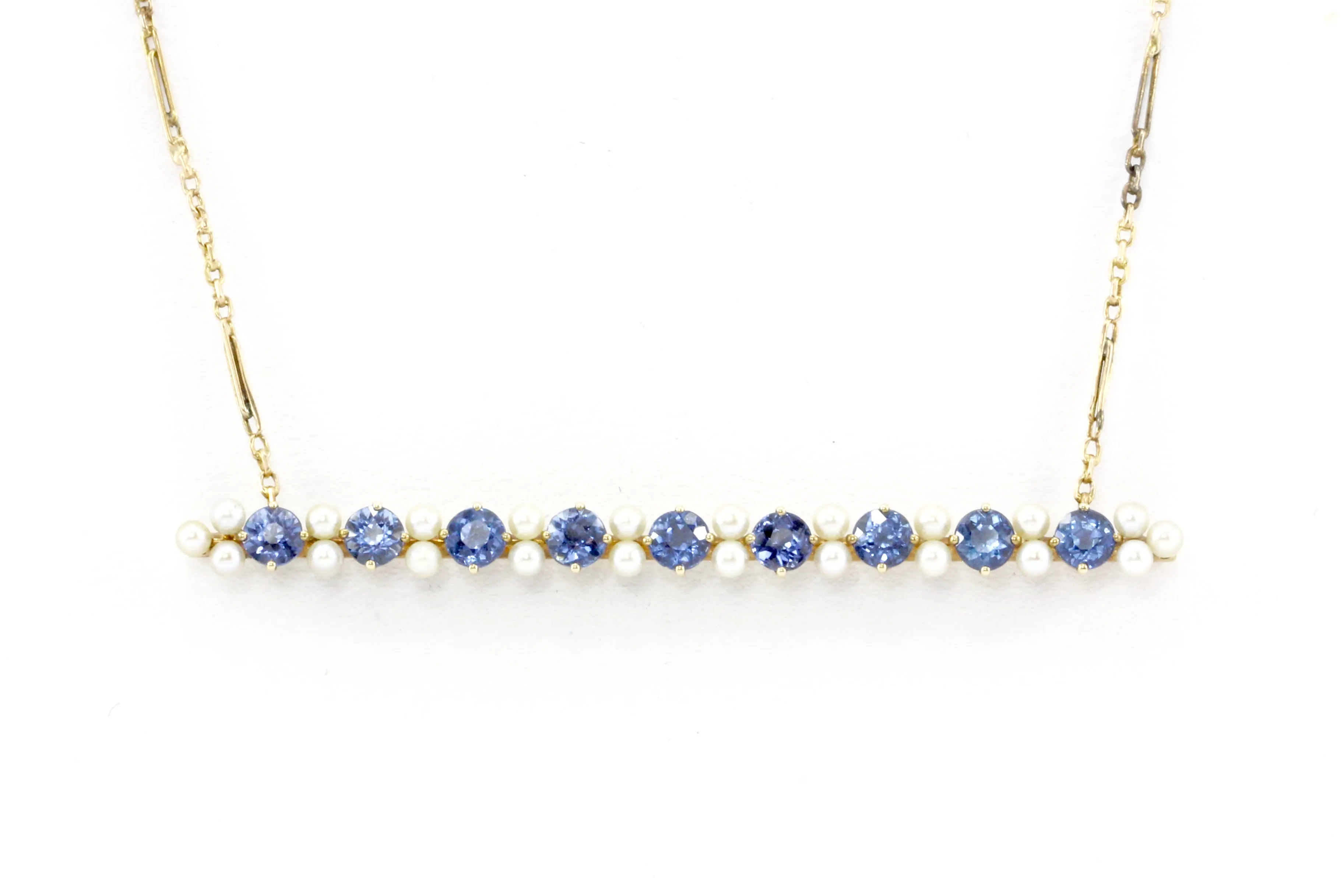 14K Gold Victorian Sapphire and Pearl Bar Pin Conversion Necklace